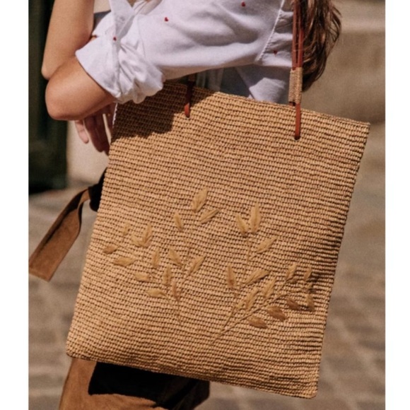 SEZANE Tan Beige Woven Floral Embroidered Raffia & Leather Francisco Tote Bag - Picture 1 of 17